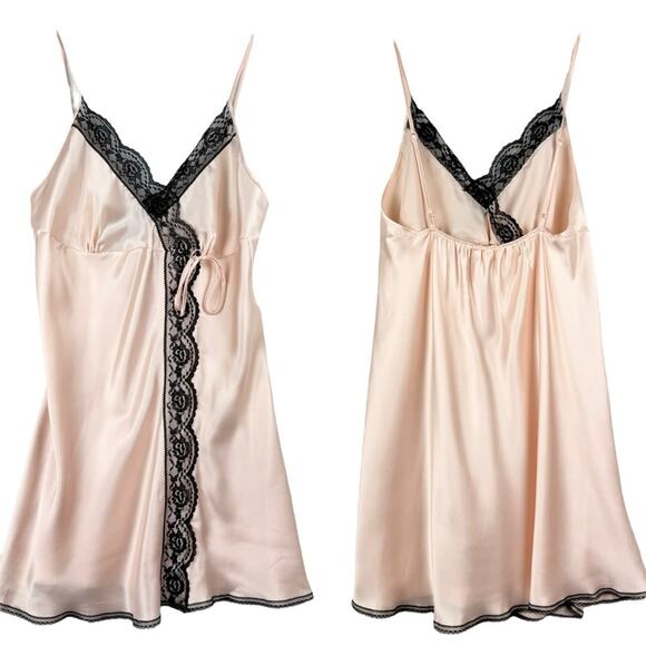 Victoria's Secret Other - Victoria’s Secret Y2K Satin Lace Trim Chemise Slip Dress Baby Pink/Black Size M